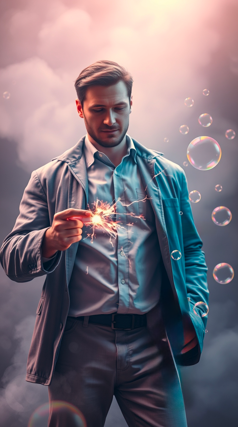 Epic scene, soft pastel colors, gentle soothing atmosphere, massive scale, heroic elements, lens glow lighting, depicting a man preparing for work, his clothes sparking with static electricity, then spraying Hodaf Anti-Static Spray, resulti_1